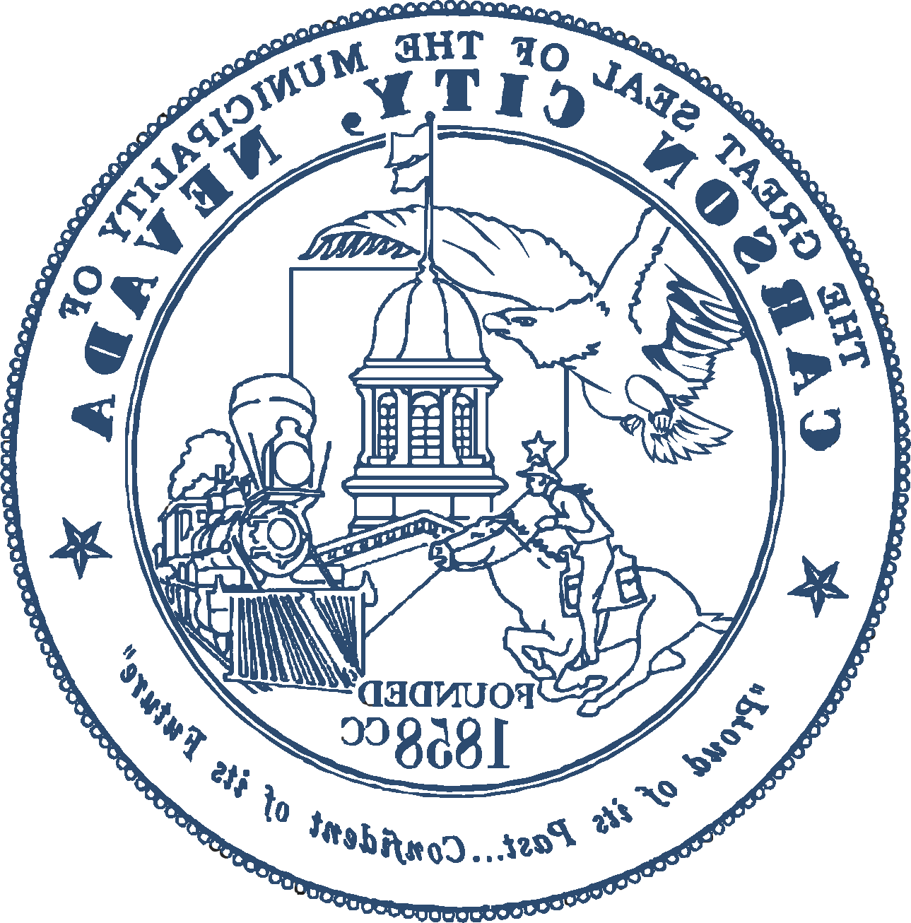 The great seal of the Municipality of Carson City. Imaging the Capitol Building, a soaring hawk, the train system, and a cowboy